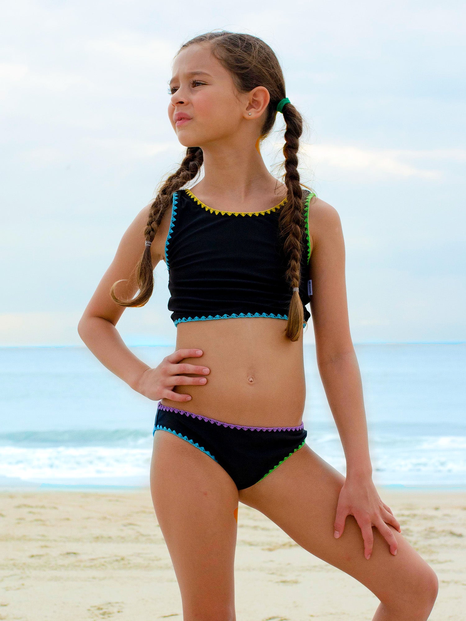 Textured Fabric Two Piece Swim Set with Embroideryroidery Trim Swimsuit (BLAKE)