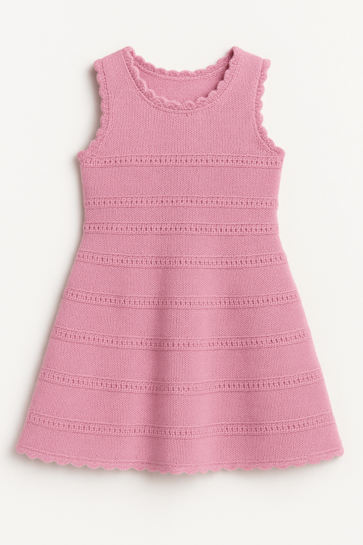 Pink crochet knit dress with textured pattern on a white background