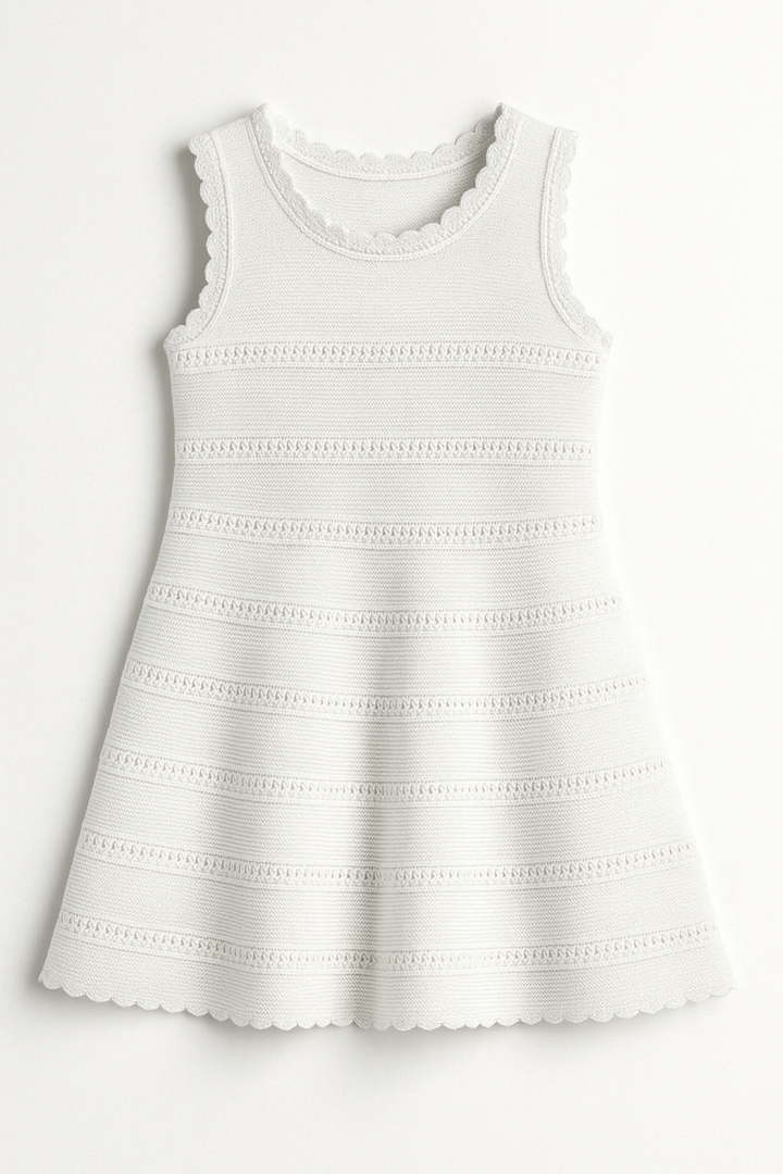 White sleeveless crochet knit dress with scallop details on a white background