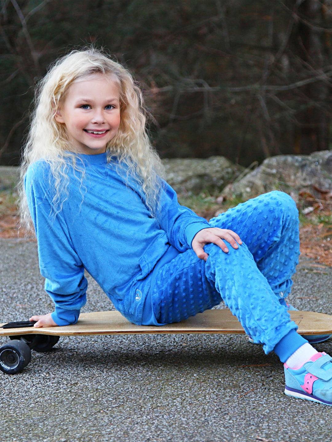 girls blue minky sweatshirt and jogger pant set