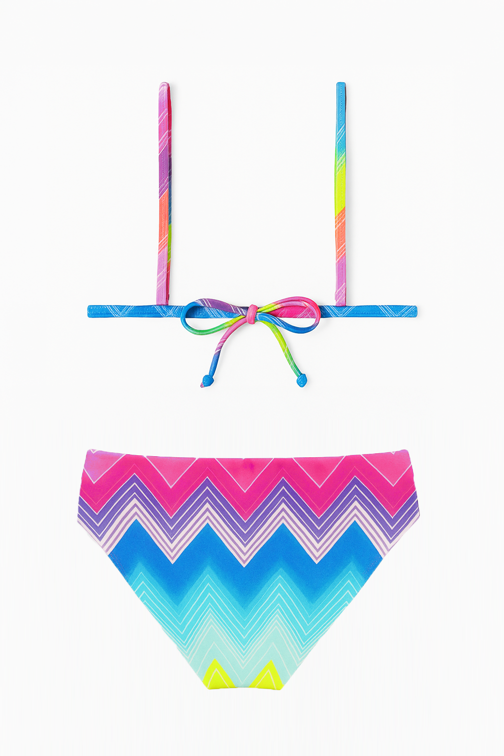 Colorful bikini set with a chevron pattern on a white background
