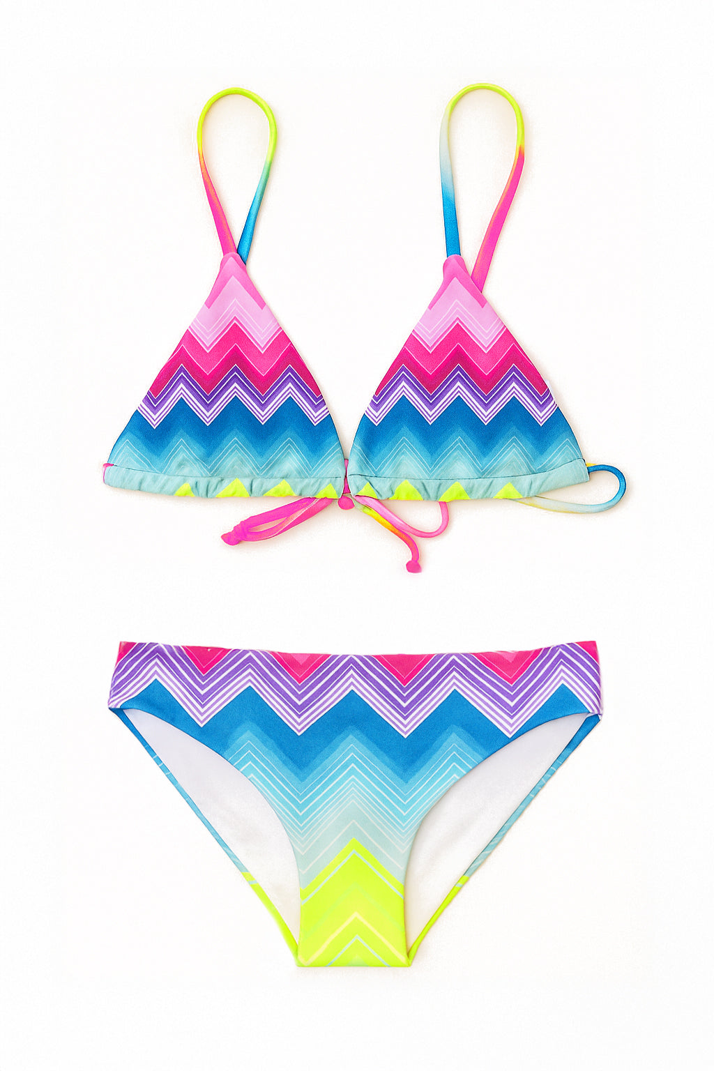 Colorful bikini set with chevron pattern on a white background