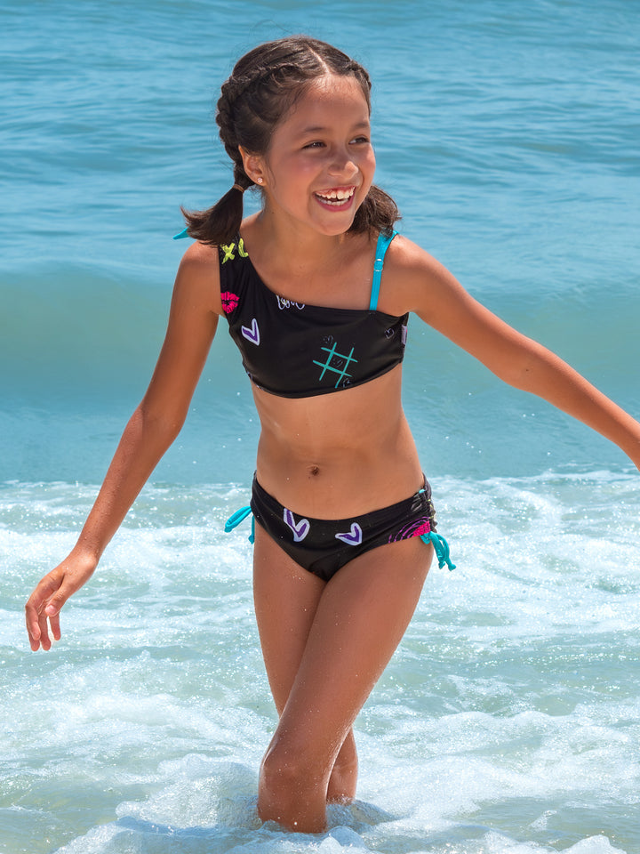 girls butterfly printed black one shoulder bikini swimsuit