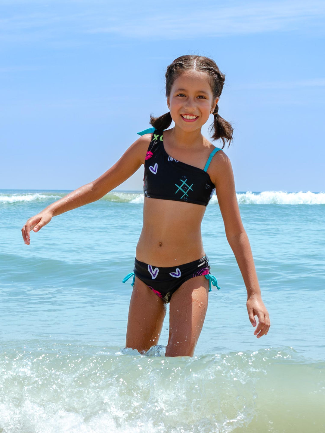 girls butterfly printed black one shoulder bikini swimsuit