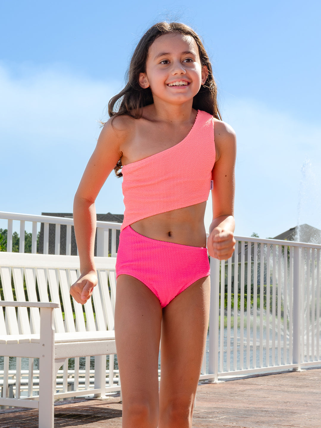 Asymmetrical Tween Coral One Piece Swimsuit with Crinkle Texture Fabric 