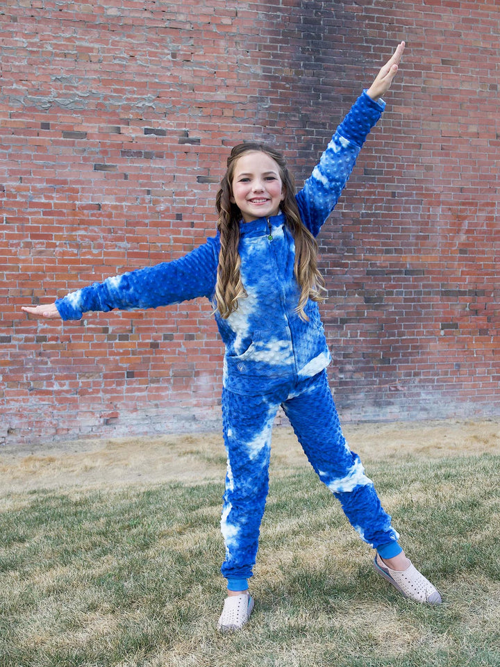 girls blue tie dye minky zip hoodie and jogger pant set