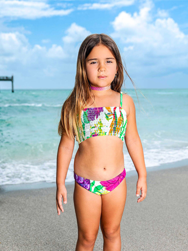 girls tropical printed smocked bikini swimsuit