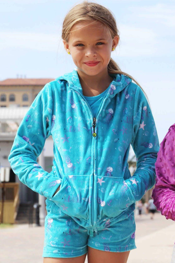 girls printed minky blue shorts