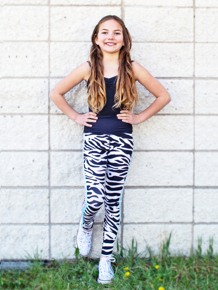 girls black and white printed activewear leggings