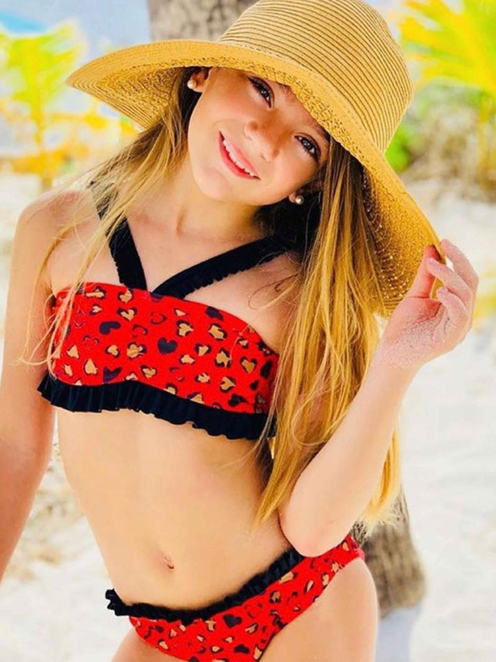 girls red leopard ruffle bikini swimsuitt
