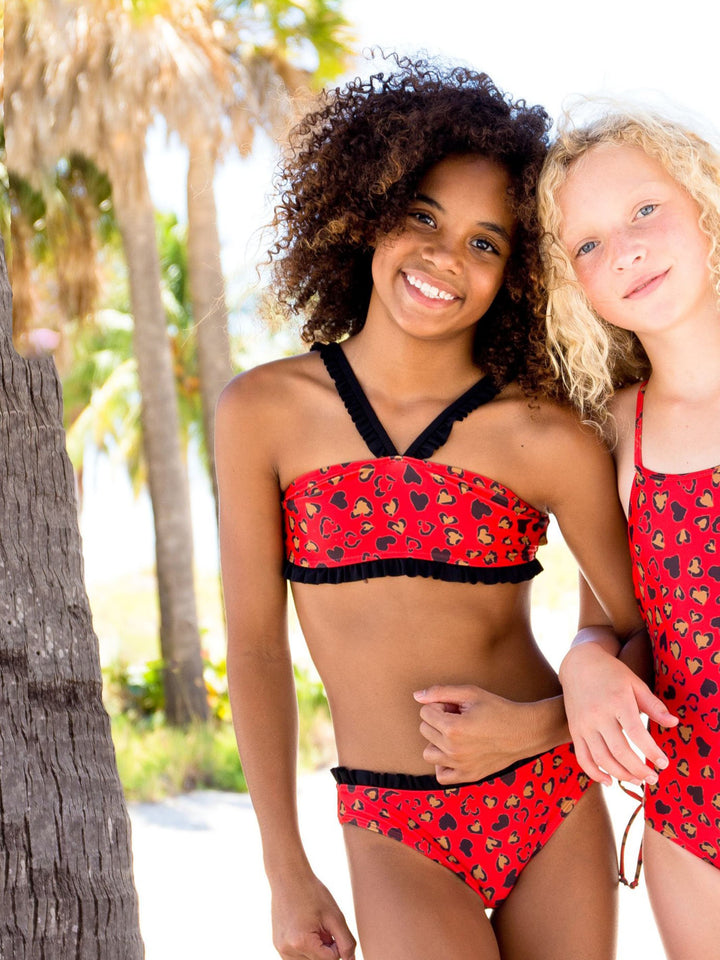 girls red leopard ruffle bikini swimsuitt