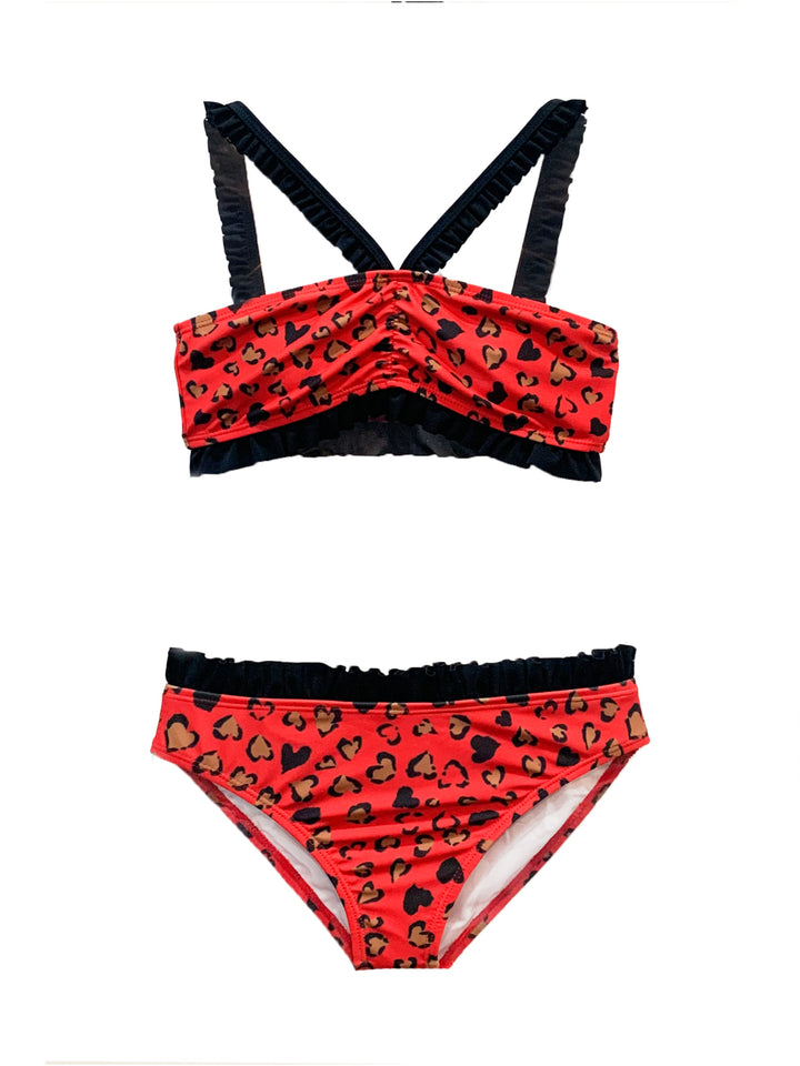 girls red leopard ruffle bikini swimsuitt